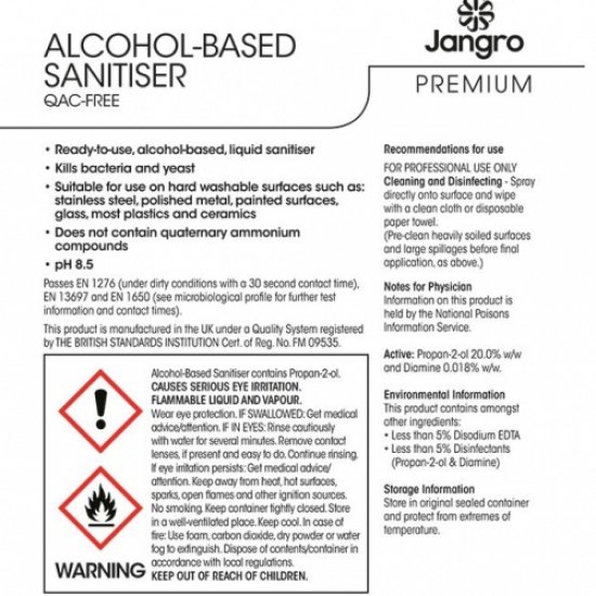  Jangro Premium Alcohol-Based Sanitiser - QAC Free 